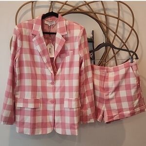 English  factory gingham cheker print blazer and shorts suit set